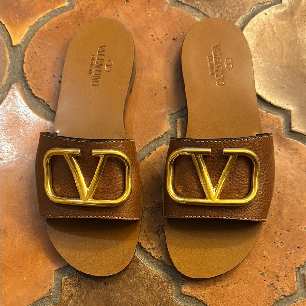 Valentino Garavani Brown Sandals with Gold Logo